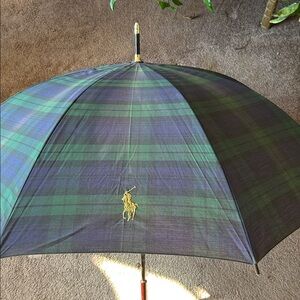 Tartan Vintage Polo Ralph Lauren Black-watch Big Pony Umbrella W/ Wooden Handle.